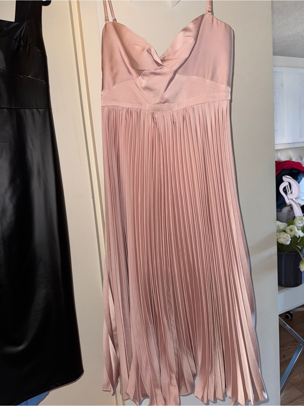 Blush Pink Pleated Satin Midi Dress with Spaghetti Straps